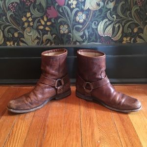 Frye Brown Leather Harness Boots w/ Zipper-backs